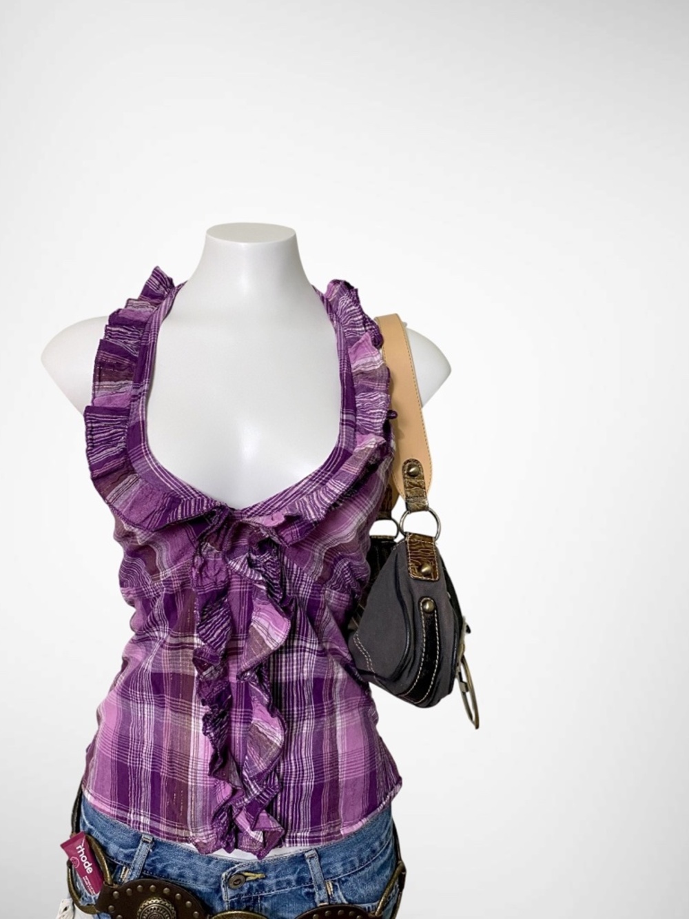 VTG Purple Plaid Ruffle Halter Top | Y2K McBling Smocked Back - Picture 3 of 7